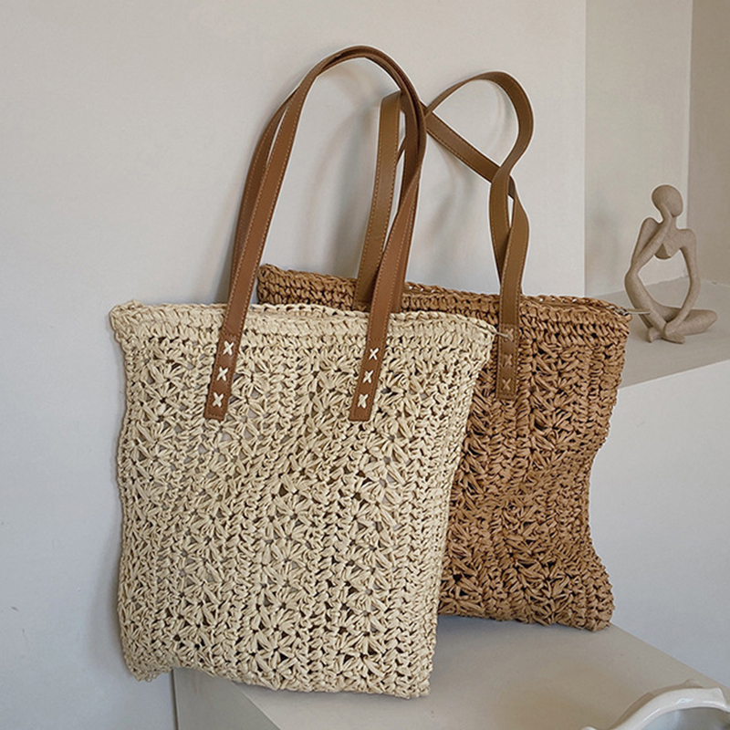 Woven Straw Bag - Square Hollow Straw Beach Bag Handmade